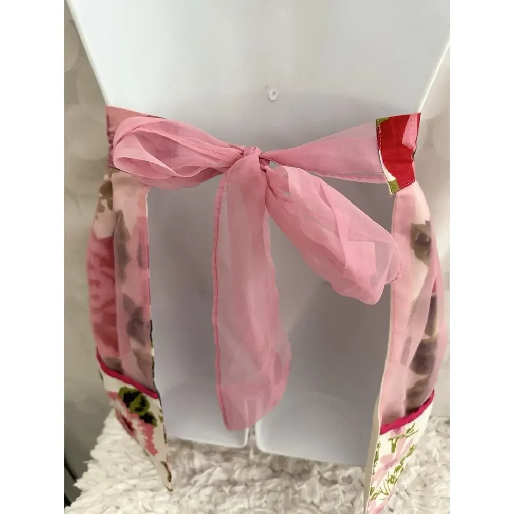 VTG HANDMADE Pink Rose Chintz Hostess Apron Chiffon Accents Reversible Country